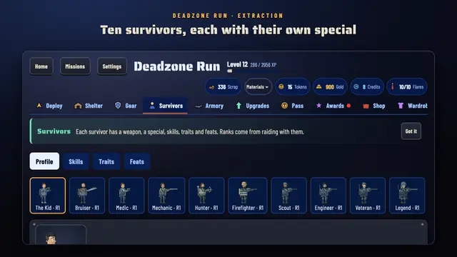 Ten survivors, each with a weapon, special and skill tree