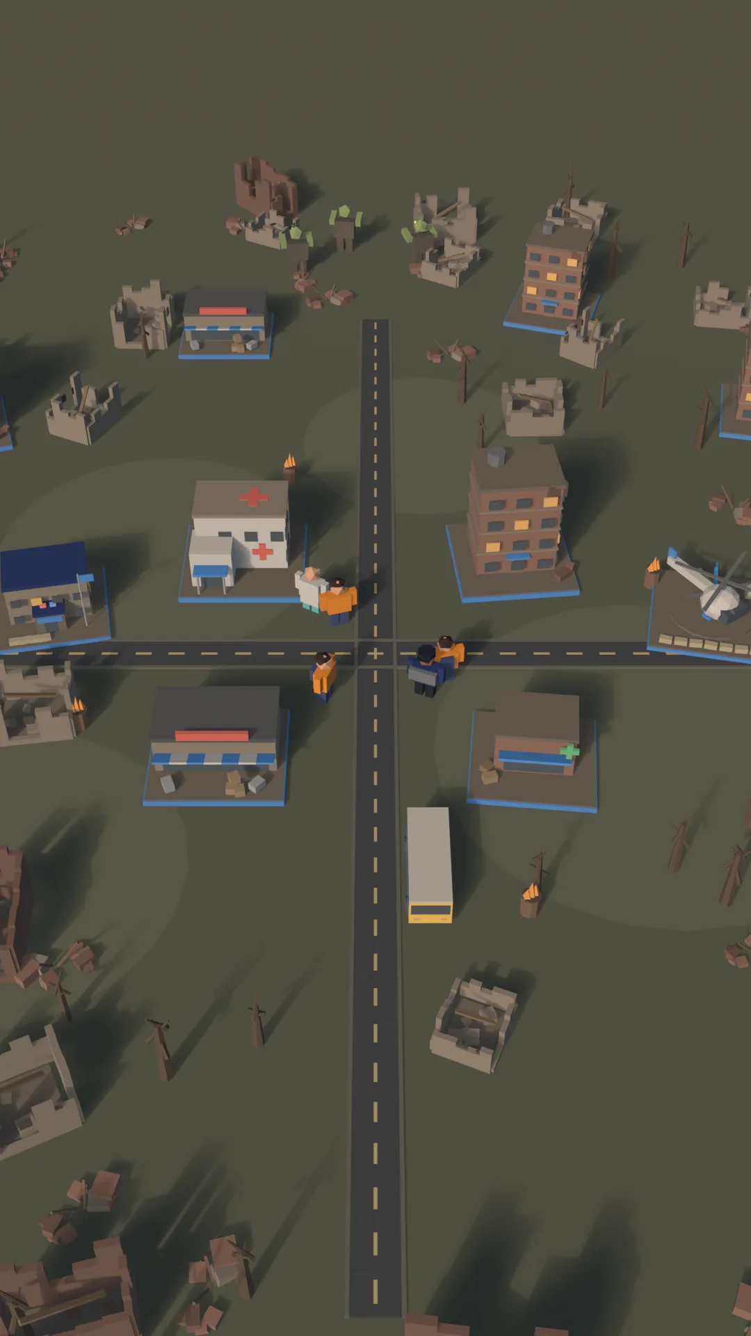 Outbreak Control key art: the low-poly town square at dusk