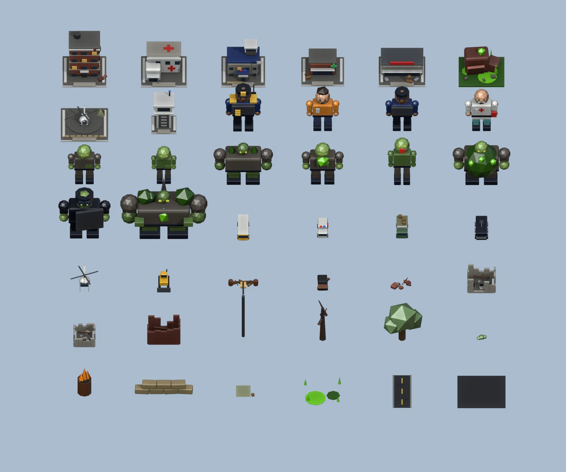 Model sheet: 42 low-poly buildings, survivors, zombies, bosses, vehicles and props
