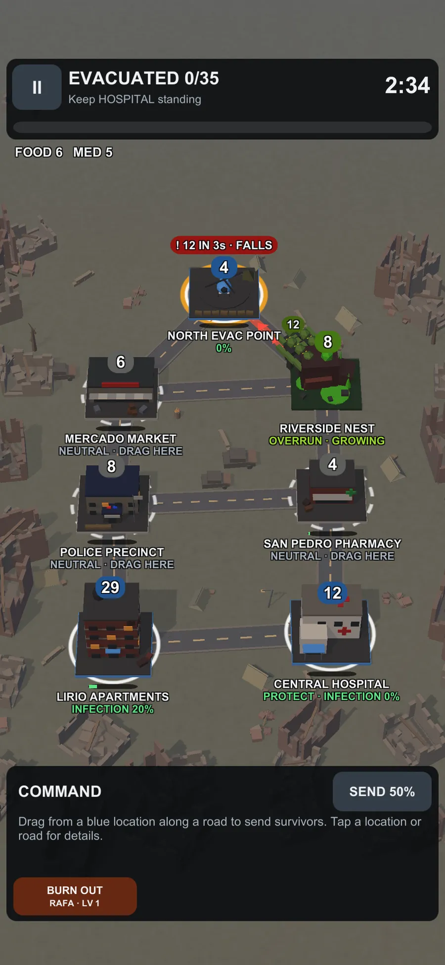 An Outbreak Control mission: labelled city blocks linked by roads, a horde badge reading 12 in 2 seconds, FALLS